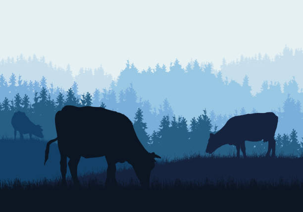 Realistic illustration of mountain farm landscape with forest, pasture and grazing cows under blue sky - vector Realistic illustration of mountain farm landscape with forest, pasture and grazing cows under blue sky - vector farm silhouettes stock illustrations
