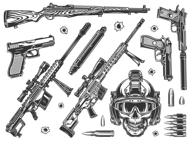 Vector illustration of Vintage military elements monochrome set