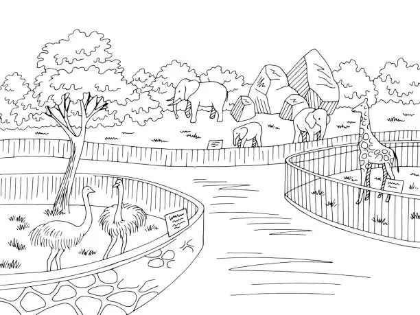 Vector illustration of Zoo park graphic black white landscape sketch illustration vector