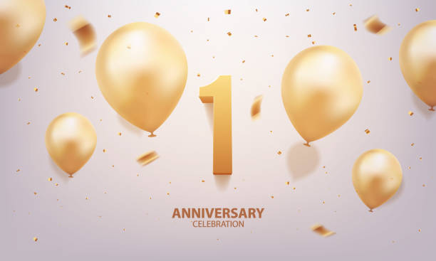 1st Year anniversary celebration background 1st Year anniversary celebration background. 3D Golden number with confetti and balloons. gold number 1 stock illustrations