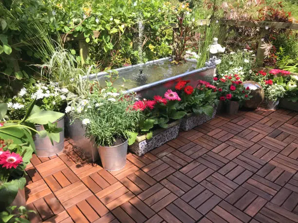 Photo of Image of garden treehouse terrace platform balcony in summer with zinc metal trough pond water feature with solar fountain pump, goldfish fish, marginal plants, red miniature roses, pink gerbera flowers, teak decking tiles, solar powered lights, lighting