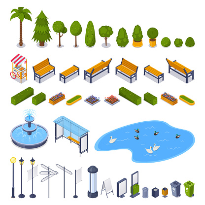 City streets and public park 3d isometric design elements. Vector urban outdoor landscape icons. Green trees, benches, lampposts, garbage containers, billboards isolated on white background.