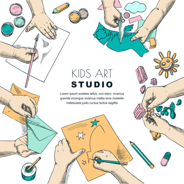 illustrazioni stock, clip art, cartoni animati e icone di tendenza di processo di lavoro per bambini in classe d'arte. illustrazione di schizzo vettoriale di pittura, disegno di elementi figlio. concetto di artigianato e creatività. - frame human hand sketching doodle