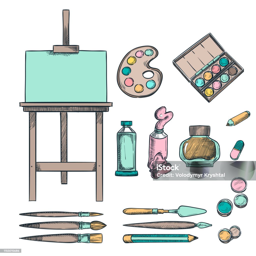 Art Supplies Vector Sketch Illustration Drawing Painting Calligraphy Design  Elements Craft And Stationery Stuff Stock Illustration - Download Image Now  - iStock