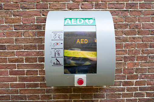 AED (Automated External Defibrillator) - Heart defibrillator in a public location for life-saving cardiopulmonary resuscitation.