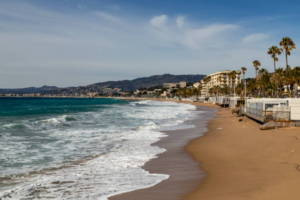 istock Small waves on a sandy beach with low rise houses along a palm tree lined street 1155017582