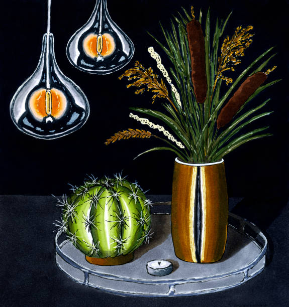 istock Hand drawing vase with reeds and dried flowers cactus and retro lamps on black background 1155018070
