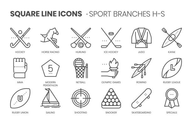 ilustrações, clipart, desenhos animados e ícones de filiais do esporte relacionadas, linha quadrada jogo do ícone do vetor - pentatlo moderno
