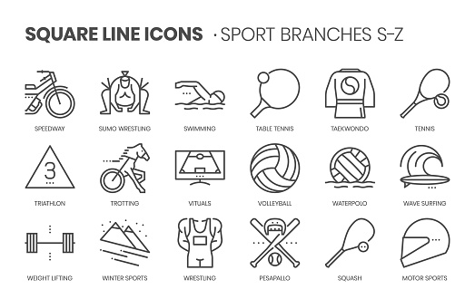 Sport branches related, square line vector icon set for applications and website development. The icon set is pixelperfect with 64x64 grid. Crafted with precision and eye for quality.