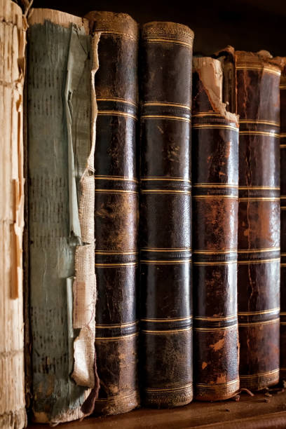 istock Old vintage books standing in a row. Library shelf at college. 1155020267