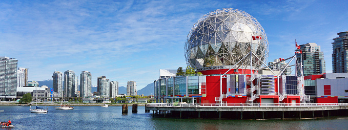 Vancover, British Columbia, Canada - May 7,2019 - Downtown Vancover showing the Telus Science Center sometimes call Science World which was open in 1982.