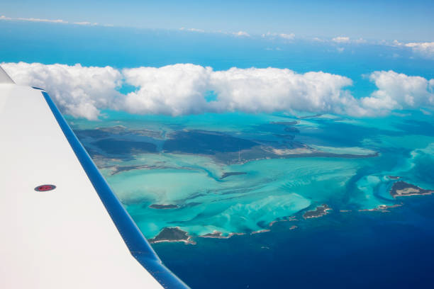 Aerial shots from the plane while flying over Exuma Cay, Bahamas