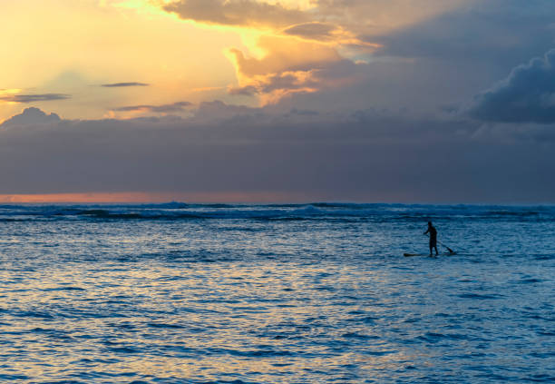 istock Paddle boarder out to sea at sunset with bright sun in cloud, room for text 1155030237