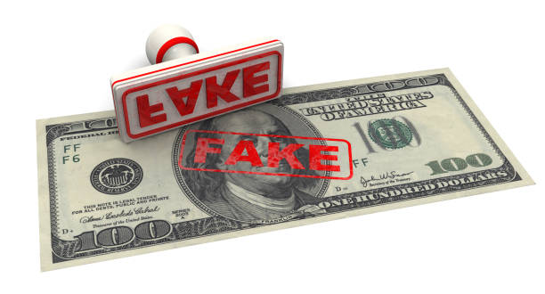 Counterfeit American Dollar Bill Red seal and print FAKE on a hundred dollar bill. Isolated. 3D Illustration one hundred dollar stamp stock pictures, royalty-free photos & images