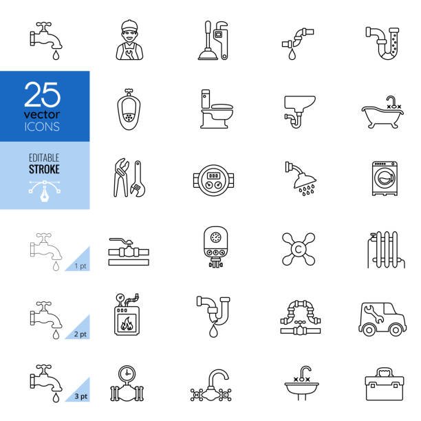 sanitäranlagen icon set. bearbeitbare stroke. - plumber bathroom repairing faucet stock-grafiken, -clipart, -cartoons und -symbole