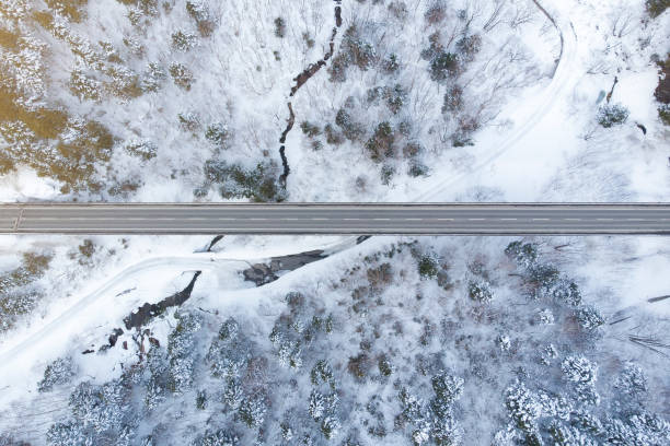 istock Top view of winter forest and Road 1155037268