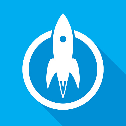 Vector illustration of a white rocket emblem with shadow of a blue background.