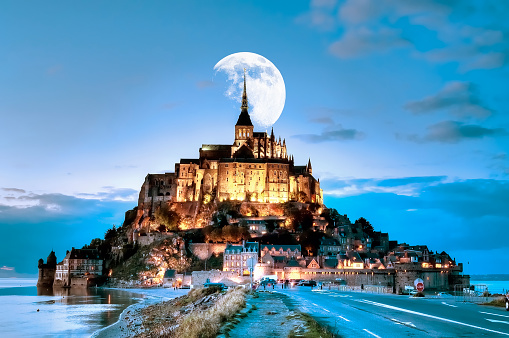 rocky island where stands the abbey of Mont-Saint-Michel in Normandy