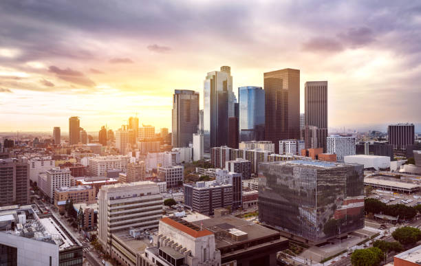 Downtown Los Angeles  skyline at sunset Downtown Los Angeles  skyline at sunset hollywood california photos stock pictures, royalty-free photos & images