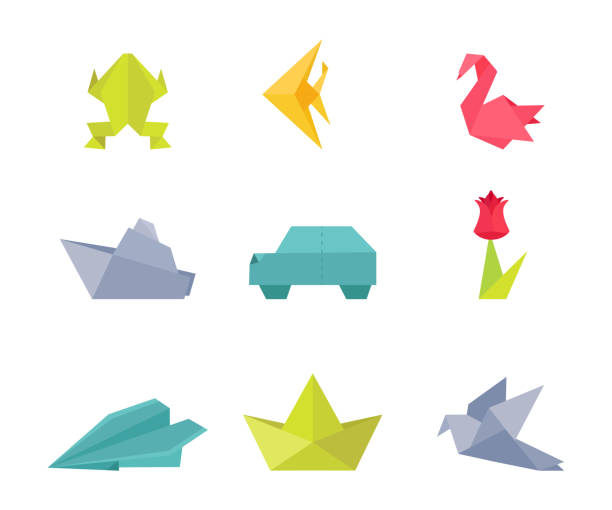 Origami, paper crafts vector illustrations set Origami, paper crafts vector illustrations set. Frog, fish, swan and dove. Traditional oriental art, artistic hobby. Car, ship, plane and flower. Handmade chinese decorations. Animals and vehicles chinese frog stock illustrations