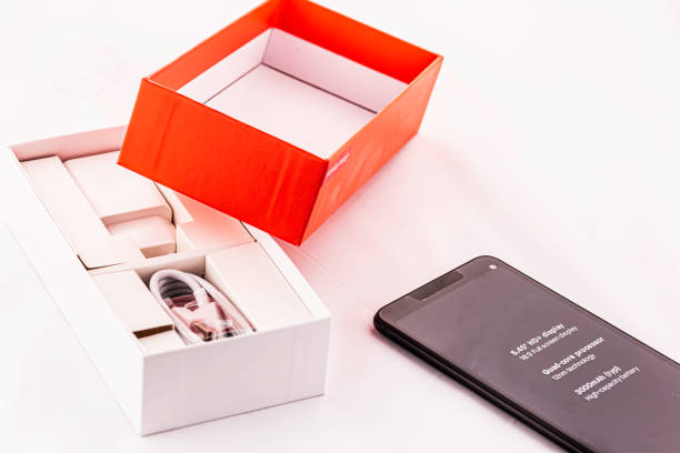 Online shopping smartphone items opening box on a white background with copy space
