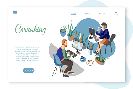 Coworking center vector landing page template. Freelance work promotional website design layout, text space. Cartoon male, female freelancers working at PC in office. Modern workspace, environment