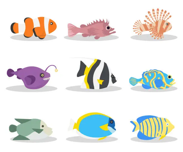 Vector illustration of Exotic ocean fish flat vector illustrations set