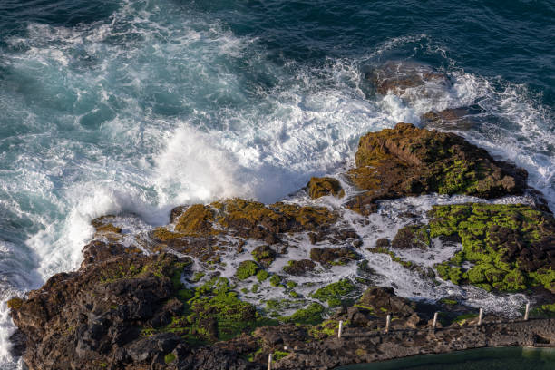 istock Big waves breaking on the shore with sea foam 1155050771