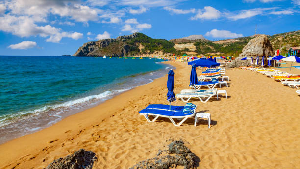 Tsampika beach in Rhodes, Greece. Famous tourist destination. stock photo