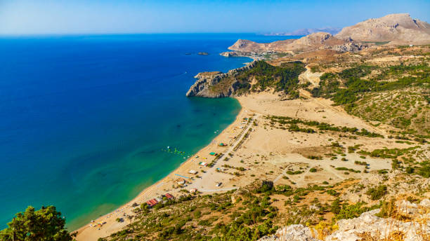 Aerian panoramic vew to the Tsampika beach in Rhodes, Greece stock photo