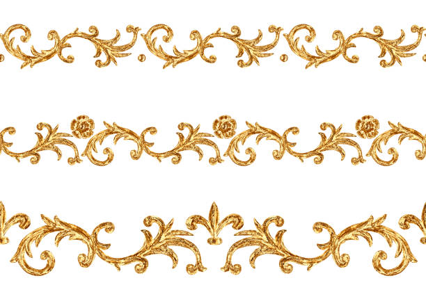 ilustraciones, imágenes clip art, dibujos animados e iconos de stock de estilo barroco de los segmentos ornamentales dorados patrón sin costuras. marco de borde dorado dibujado a mano - baroque style rococo style single line frame