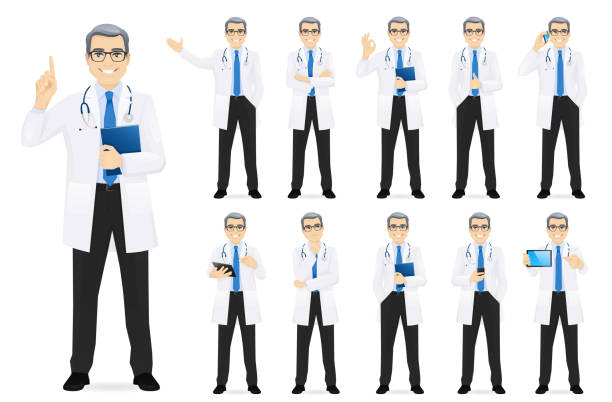 ilustraciones, imágenes clip art, dibujos animados e iconos de stock de médico masculino establecido - scientist lab coat doctor male