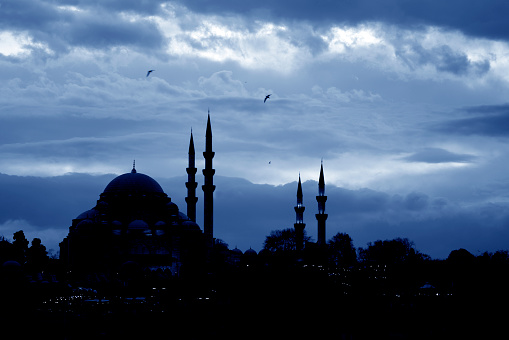 Silhouette of Selimiye Mosque with lights of the houses which are in front​ of it.