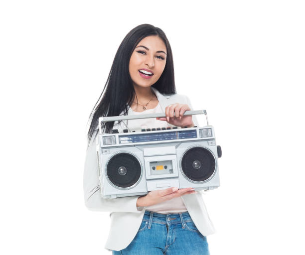 Beautiful latino female standing on white background