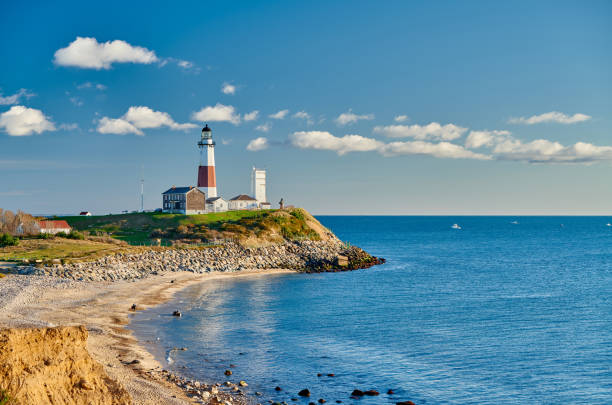 Montauk Lighthouse and beach stock photo