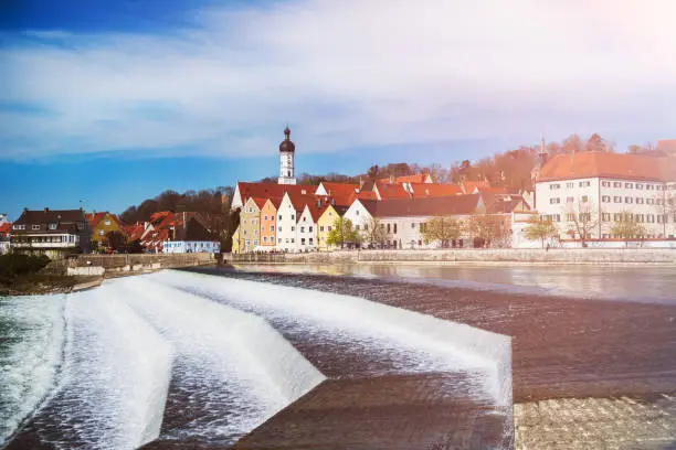 Streets and river bank in Landsberg am Lech town in Germany, Bavaria, best places to travel in Europe