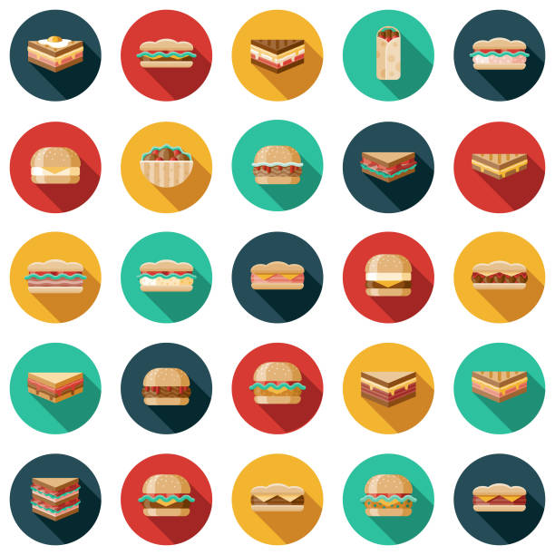 illustrazioni stock, clip art, cartoni animati e icone di tendenza di set di icone sandwich - panino