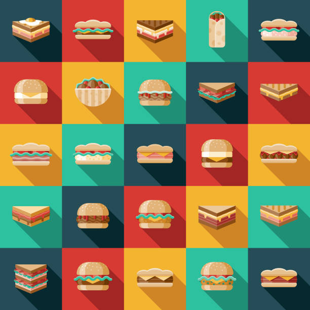 ilustraciones, imágenes clip art, dibujos animados e iconos de stock de conjunto de iconos de sandwich - sandwich turkey chicken submarine sandwich