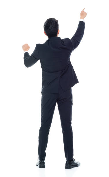 istock Attractive Chinese businessman on white background - rear view, pointing / touching 1155063096