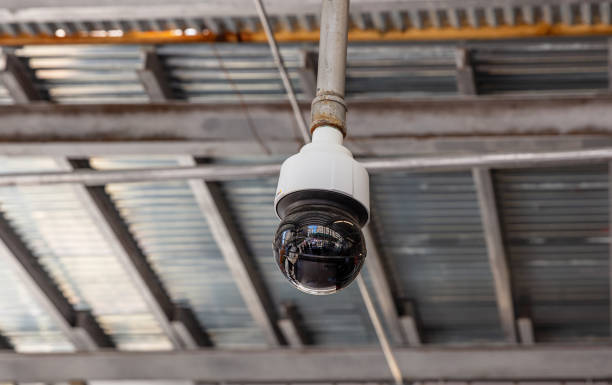 istock Surveillance CCTV Security Camera on the roof, closeup view 1155063359