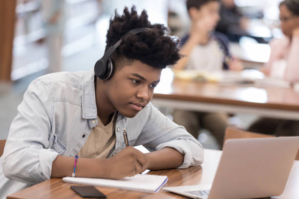 istock African American college student works on research at library 1155064220