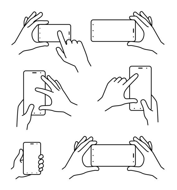 ilustrações, clipart, desenhos animados e ícones de smartphone da terra arrendada da mão. vetor preto e branco da coleção smartphone à disposicão - black sign holding vertical