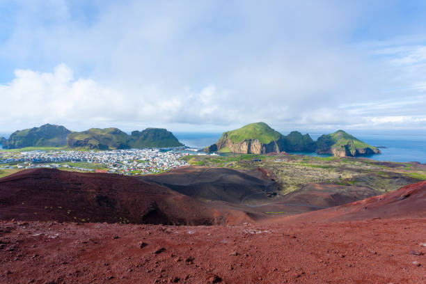 Heimaey town aerial view from Eldfell volcano.