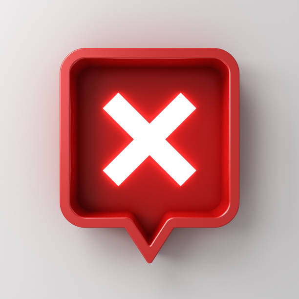 3d social media notification white neon light cross sign icon in red rounded square pin isolated on white background with shadow