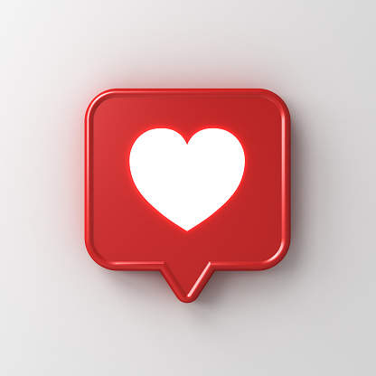 3d social media notification neon light like heart icon in red speech bubble pin isolated on white wall background with shadow 3D rendering