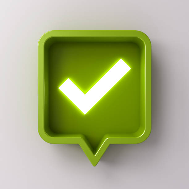 3d social media notification neon light check mark icon in green rounded square pin isolated on white background with shadow 3D rendering