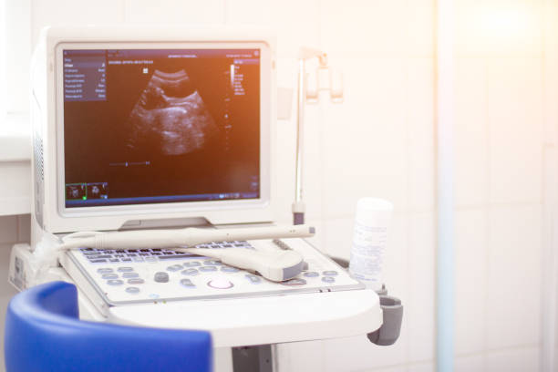 Closeup Ultrasound scanner equipmentin in clinic hospital. Diagnostics, sonography and health concept. Copyspace stock photo