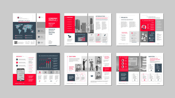 Brochure creative design. Multipurpose template, include cover, back and inside pages. Trendy minimalist flat geometric design. Vertical a4 format. magazine publication stock illustrations