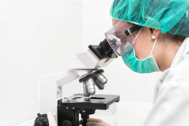 young female doctor working with a microscope in a laboratory, protected against biohazard with mask, hat, and glasses. - close up medical test exam people imagens e fotografias de stock