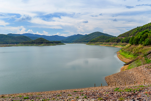 Landscape view of water reservoir or dam for generate electricity